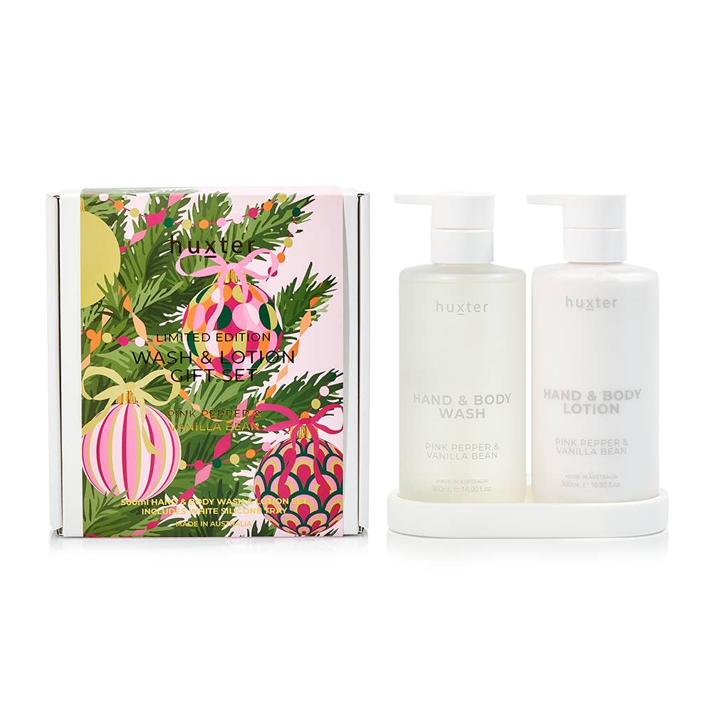 Limited Edition Wash & Lotion Gift Set - Includes 500ml Wash & Lotion + White Silicone Tray - Pink Pepper & Vanilla Bean Huxter