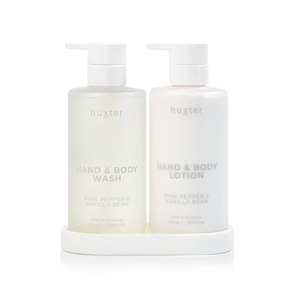 Limited Edition Wash & Lotion Gift Set - Includes 500ml Wash & Lotion + White Silicone Tray - Pink Pepper & Vanilla Bean Huxter