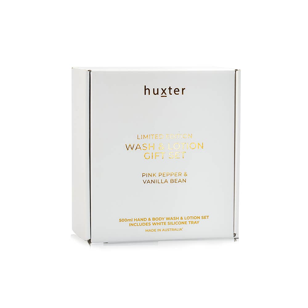 Limited Edition Wash & Lotion Gift Set - Includes 500ml Wash & Lotion + White Silicone Tray - Pink Pepper & Vanilla Bean Huxter